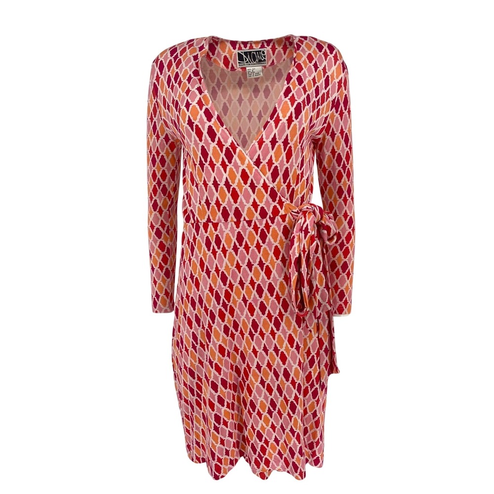 Vintage DVF Silk Wrap Dress Pink Orange Ikat Quatrefoil Print worn on Buffy sz 4